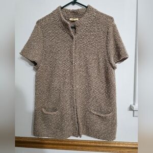 Eileen Fisher Short-Sleeve Textured Cardigan in Taupe